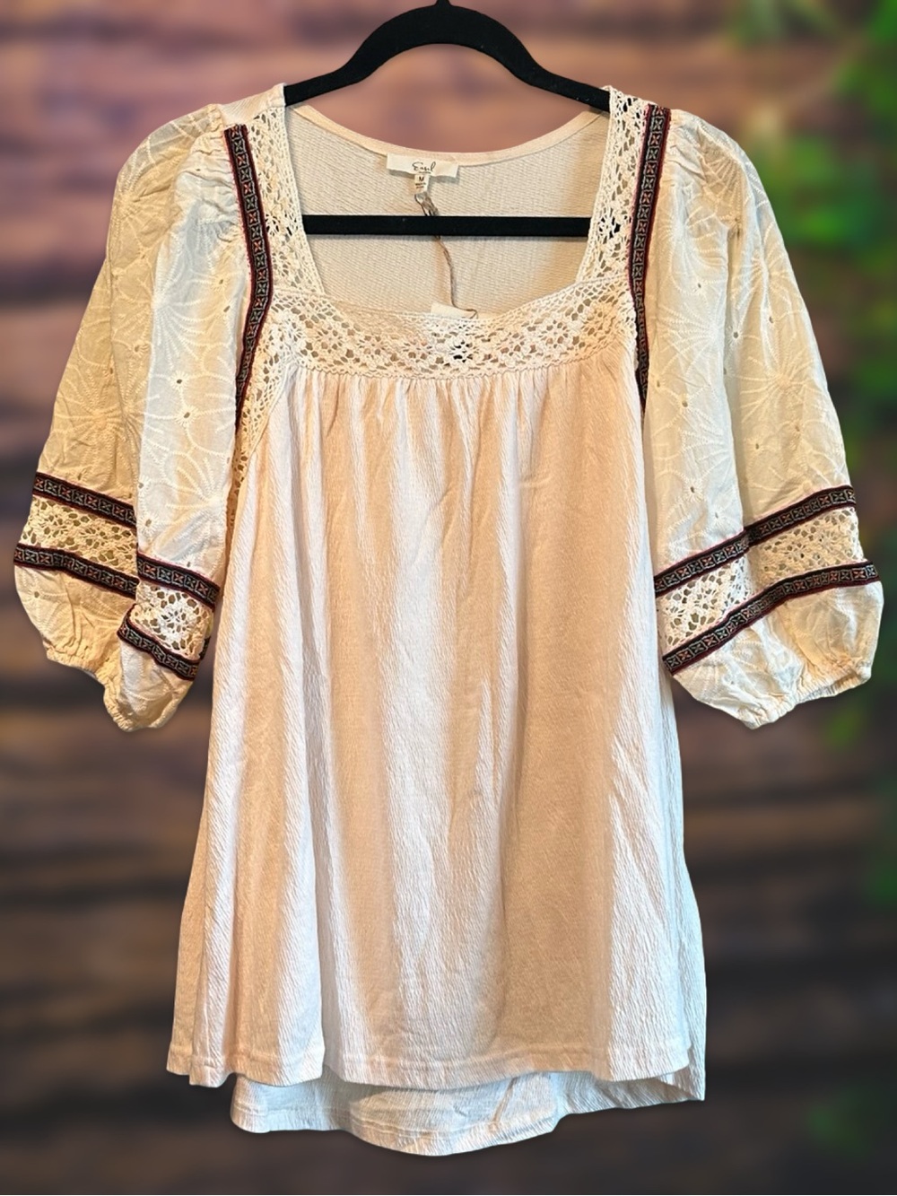 easel Cream Boho Crochet-Trim Puff Sleeve Blouse NWT